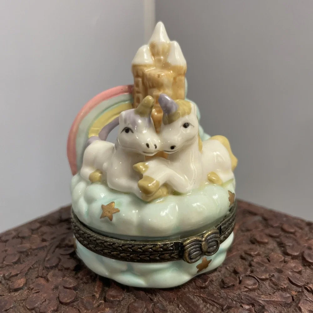 Unicorn Trinket Pill Box Hinged Castle Rainbow Cloud Star Adorable!
